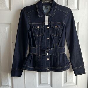 New White House Black Market denim belted jacket. Dark Wash size 0